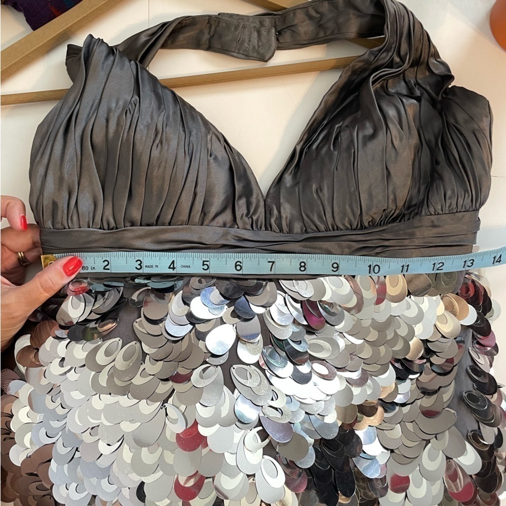 Beyond by Jovani Silver Cocktail Sequin Gray Halter Mini Dress 100% Silk Size 8 - Picture 12 of 12